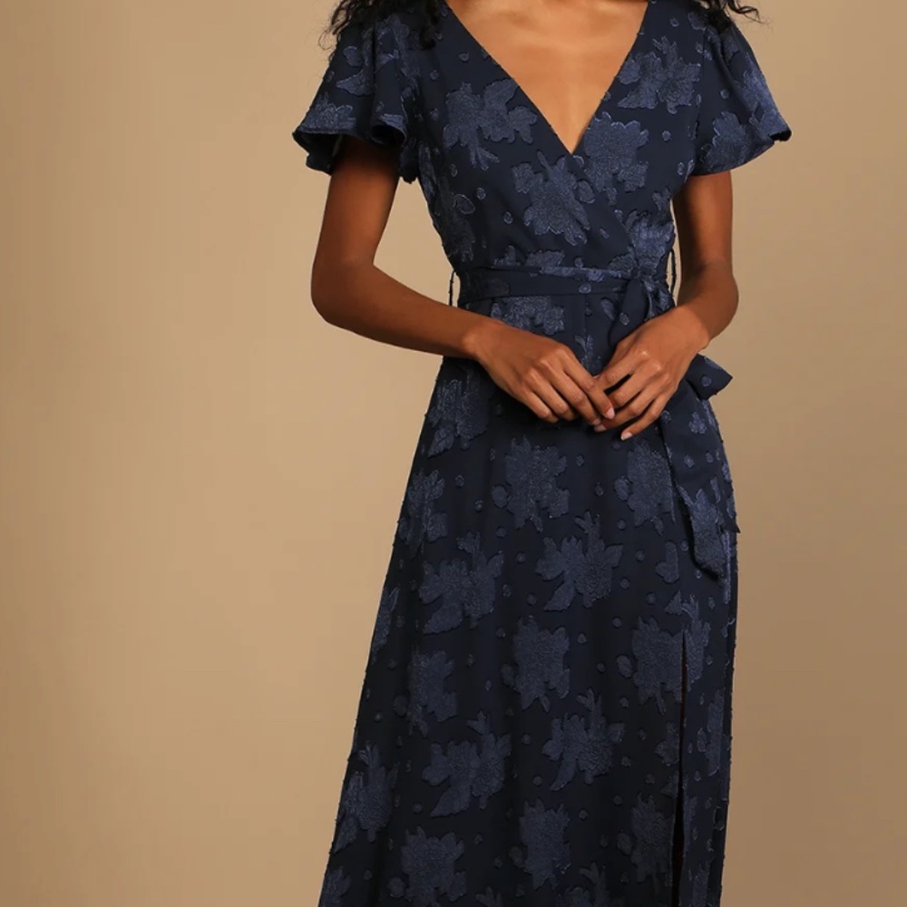 LULUS - Compelling Love Navy Blue Jacquard Short Sleeve Maxi Dress